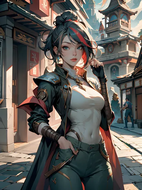 fiora \(league of legends\), 1girl, streaked hair, white bodysuit, green pants, armor, solo, detailed face, looking at viewer, upper body, potrait, outdoor, castle, stone walkway, houses, (masterpiece:1.2, best quality)