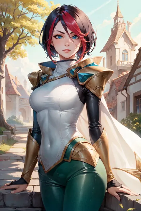 fiora \(league of legends\), 1girl, white bodysuit, green pants, solo, detailed face, looking at viewer, upper body, potrait, outdoor, castle, stone walkway, houses, (masterpiece:1.2, best quality)