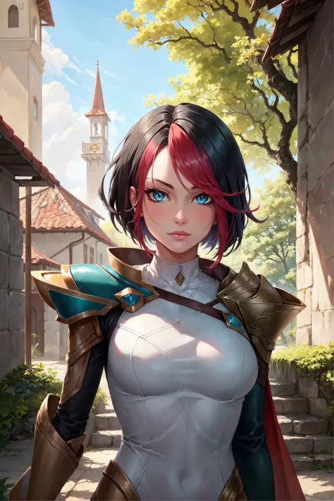 fiora \(league of legends\), 1girl, white bodysuit, green pants, solo, detailed face, looking at viewer, upper body, potrait, outdoor, castle, stone walkway, houses, (masterpiece:1.2, best quality)