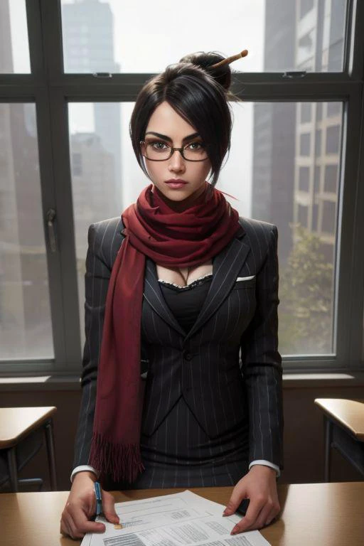 headmistress fiora, 1girl, pinstripe suit, skirt suit, red scarf, large breasts, solo, detailed face, looking at viewer, potrait, upper body, indoor, window, (masterpiece:1.2, best quality), in a classroom, seat, sit pov, classmates, scolding the viewer, showing paper, showing exam,