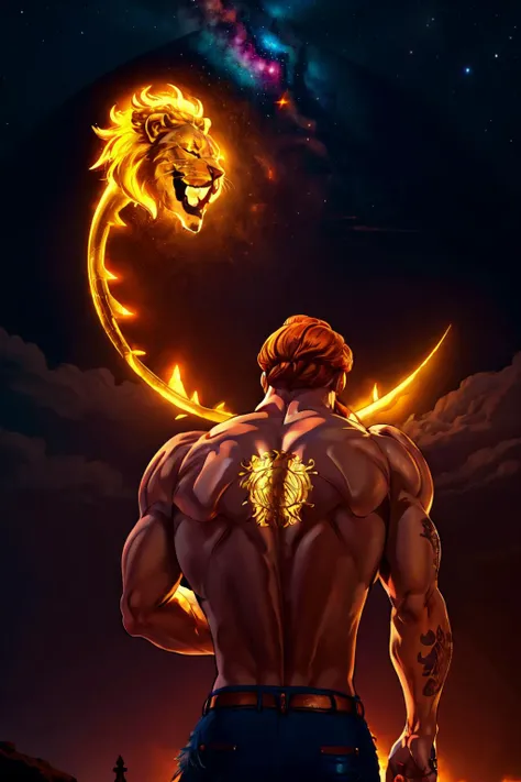 Highly detailed, High Quality, Masterpiece, beautiful, <lora:StarryIncursioStyle:1.1>, <lora:Char_7DS_Escanor:0.86>, escanor, topless, tattoo, lion head on back, ghostdom, night, backlight, flowers:0.5, stairs, from behind, look at viewer, (milky way), (dark environment), (leo zodiac sign), <lora:Other_MoreDetails:0.5>, starry, strry light, night, colorful, cloud, star \(sky\),