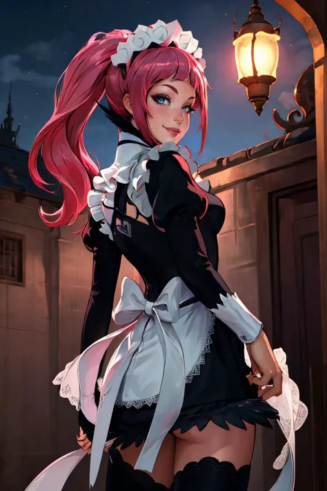 Highly detailed, High Quality, Masterpiece, beautiful, 1girl, solo, feliciadef, maid, maid headdress, black thighhighs, <lora:Char_FireEmblem_Felicia:0.9>, <lora:Style_StarryIncursioStyle:1>, from behind, smile, seductive smile, hand on own face, night, dark enviroment, lamp, outdoors