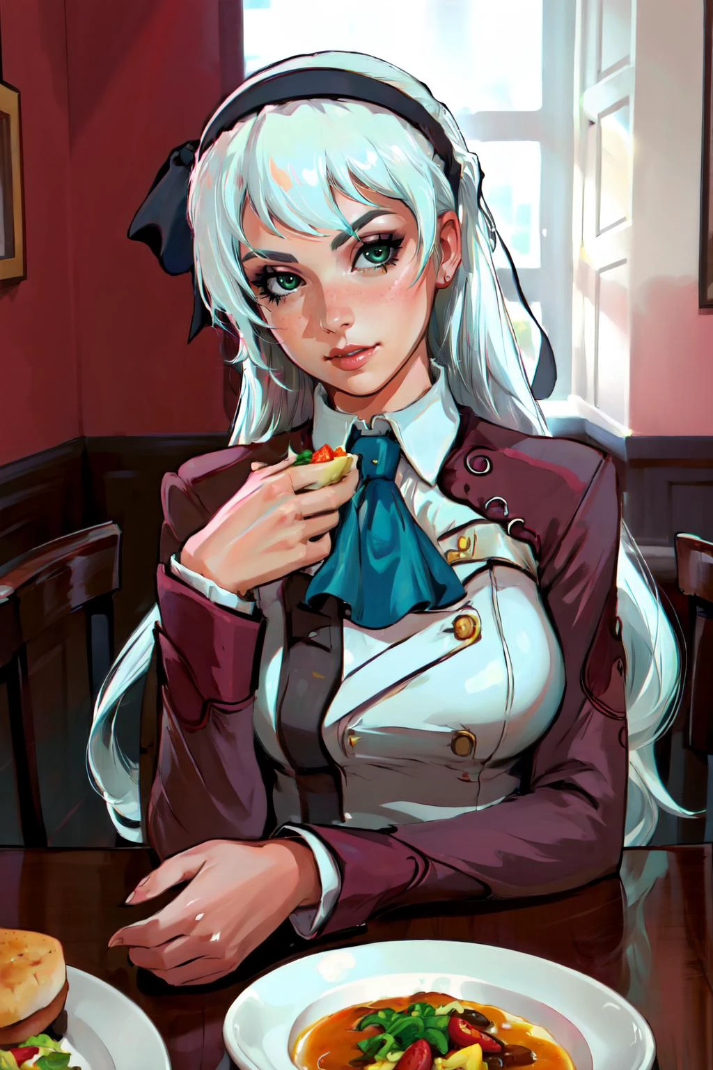 Highly detailed, High Quality, Masterpiece, beautiful, <lora:StarryIncursioStyle:1>, 1girl, solo, elie macdowell, green eyes, hairband, blue ascot, hair ribbon, long sleeves, <lora:Char_Meme_ElieMacDowell:0.9>, food, simple background, elbows on table, cup, blurry background, indoors, upper body, <lora:Pos_AcrossTable:1>, white hair, looking at viewer,