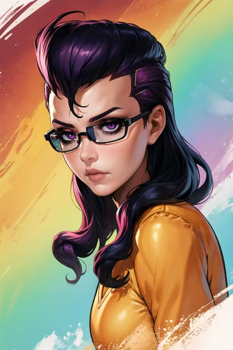 masterpiece, best quality, 1girl, portrait, wavy hair, mohawk hair, burgundy hair, obsidian eyes, sad eyes, confused eyes, purple forehead protector, orange oxfords, wayfarer sunglasses, eyewear in mouth <lora:StarryIncursioStyle:1>