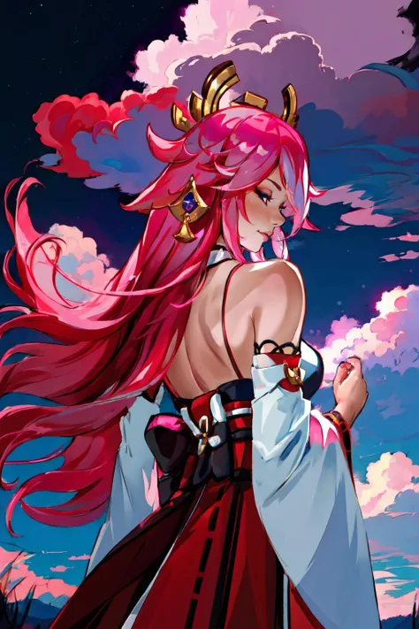 Highly detailed, High Quality, Masterpiece, beautiful, <lora:StarryIncursioStyle:1>, yae miko, long hair, pink hair, animal ears, <lora:Char_GenshinImpact_YaeMiko:1>, starry, strry light, night, colorful, cloud, star \(sky\), from behind,