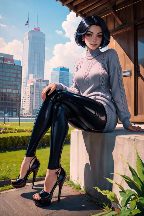 Highly detailed, High Quality, Masterpiece, beautiful, <lora:StarryIncursioStyle:1>, outdoors, full body, high heels, black legwear, sweater,