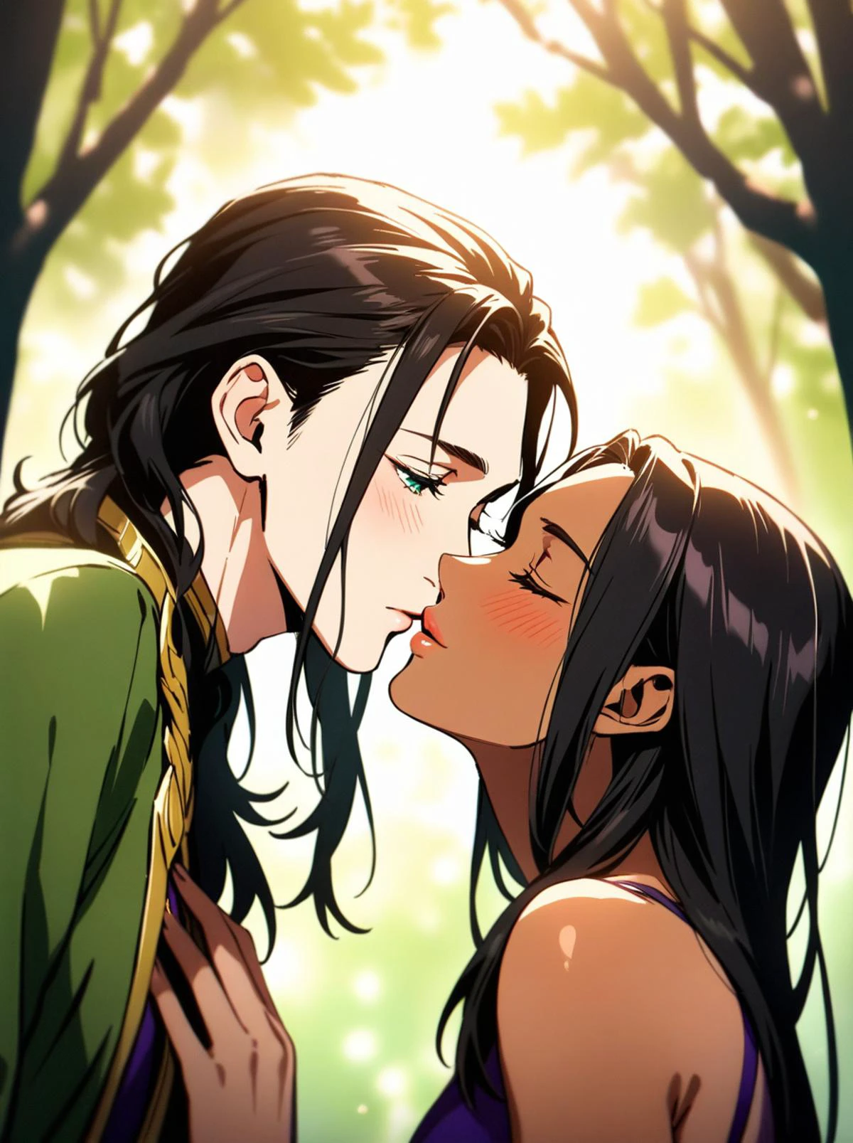 cinematic film still masterpiece, best quality, absurdres, (1boy, 1girl), full body, ((Loki:1.5), (Tom Hiddleston)), (Perfect Hands), (clear (green) perfect eyes), ((Loki has (short messy wavy) black hair), prominent broad nose), Loki is pinning a (short woman with (dark skin:1.5) and long flowing straight back hair, visible forehead, wide hips, full round cheeks), to a tree and kissing her deeply, lips touching, they are both blushing, eyes closed. Loki visible, clean, solid lines, detailed face, soft cell shading, highres, 16k, intricate detail, hard light, amazing quality, amazing shading, wallpaper, <lora:DetailedEyes_V3:1>, <lora:1654733554496903560:1>, <lora:1655868092718746668:1>, <lora:Perfect Hands:1>, <lora:PerfectEyesXL:1>, (both individuals are visible in the shot), they are in a well lit forest, passion, <lora:dark-skin-xl-test:1.1>, . shallow depth of field, vignette, highly detailed, high budget, bokeh, cinemascope, moody, epic, gorgeous, film grain, grainy