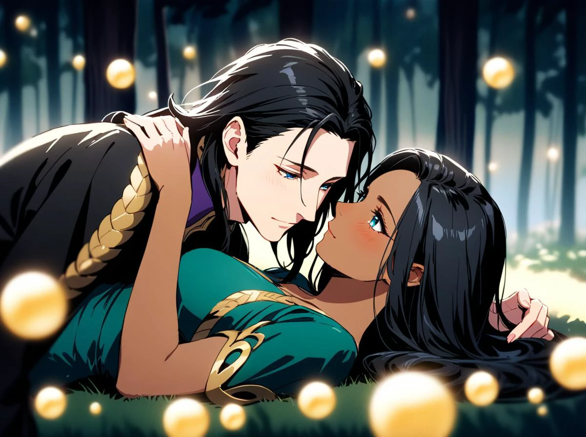 cinematic film still masterpiece, best quality, absurdres, (1boy, 1girl), full body, ((Loki:1.5), (Tom Hiddleston)), (Perfect Hands), (clear (green) perfect eyes), ((Loki has short (wavy) black hair), prominent broad nose), Loki is laying beneath a (short woman with (dark skin:1.5) and long flowing straight back hair, visible forehead, wide hips, full round cheeks), her hair long black hair falling over him, she is over him holding herself up with her arms on either side of him, they are both blushing, looking at one another. Loki visible, clean, solid lines, detailed face, soft cell shading, highres, 16k, intricate detail, hard light, amazing quality, amazing shading, wallpaper, <lora:DetailedEyes_V3:1>, <lora:1654733554496903560:1>, <lora:1655868092718746668:1>, <lora:Perfect Hands:1>, <lora:PerfectEyesXL:1>, (both individuals are visible in the shot), they are in a well lit forest, she is looking at him with passion, <lora:dark-skin-xl-test:1.1>, both are laying on the ground . shallow depth of field, vignette, highly detailed, high budget, bokeh, cinemascope, moody, epic, gorgeous, film grain, grainy