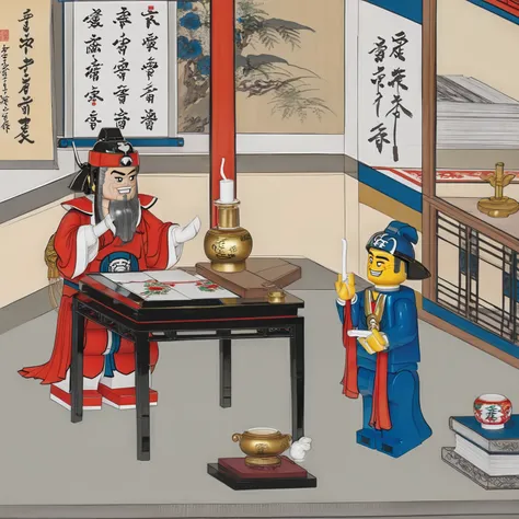 <lora:lego_v2.0_XL_32:0.8>, <lora:Liaozhai_xl_v1.0:0.55>, LEGO MiniFig, A Saint Seiya man in blue and a hat salutes, a ghost judge in a hat and red clothes salutes, they are sitting at desk and drinking, indoors, desk, by Chinese Meticulous painting style, Liaozhai art
