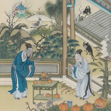 <lora:Liaozhai_xl_v1.0:0.8> happy halloween monster, a ghost judge in a hat and a man are playing in garden, garden creatures, shy smile, (smiling pumpkin), fantasy, dreamlike, surrealism,
super cute, 8k, highly detailed, beautiful light, 100mm, by Chinese Meticulous painting style, Liaozhai art