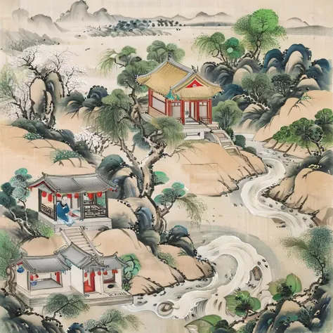 <lora:xl_more_art-full_v1:1>, aerial, river, house,<lora:Liaozhai_xl_v1.0:0.6>, by Chinese Meticulous painting style, Liaozhai art