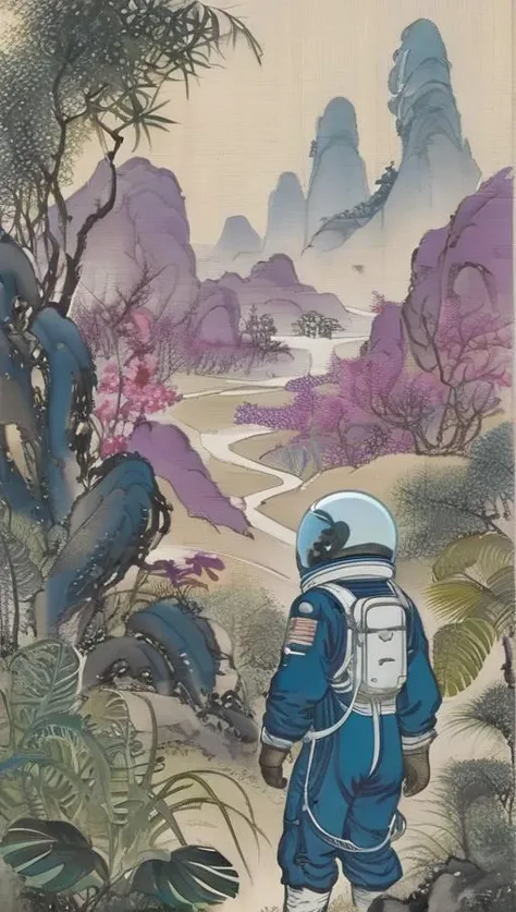 <lora:Liaozhai_xl_v1.0:0.8>, by Chinese Meticulous painting style, Liaozhai art,
"female Astronaut in a Alien Jungle" by Syd Mead, broken helmet, exstraterrestriel landscape, cold violet and dark blue tones color palette, muted colors, detailed, high quality, 8K