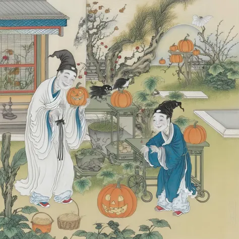 <lora:Liaozhai_xl_v1.0:0.8>  happy children's day and happy halloween, a little ghost in a hat and a boy pumpkin ghost are playing  in  garden, garden creatures, shy smile, (smiling pumpkin), fantasy, dreamlike, surrealism,
super cute, 8k, highly detailed, beautiful light, 100mm,    by Chinese Meticulous painting style, Liaozhai art