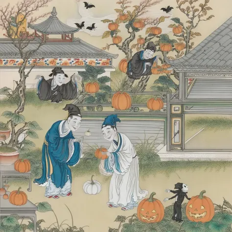<lora:Liaozhai_xl_v1.0:0.8> happy children's day and happy halloween, a little ghost in a hat and a boy pumpkin ghost are playing in garden, garden creatures, shy smile, (smiling pumpkin), fantasy, dreamlike, surrealism,
super cute, 8k, highly detailed, beautiful light, 100mm, by Chinese Meticulous painting style, Liaozhai art