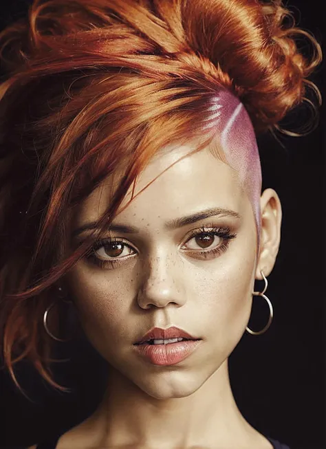 portrait of sks woman by Flora Borsi, style by Flora Borsi, bold, bright colours, orange Mohawk haircut, ((Flora Borsi)), <lora:locon_jennaortega_v1_from_v1_64_32:1.25>