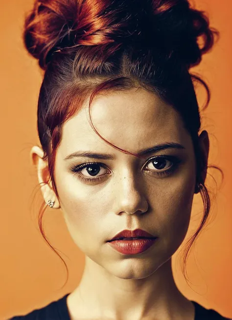 portrait of sks woman by Flora Borsi, style by Flora Borsi, bold, bright colours, orange Mohawk haircut, ((Flora Borsi)), <lora:locon_jennaortega_v1_from_v1_64_32:1.25>