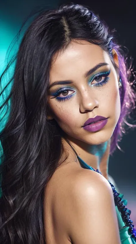 mexican young woman jenna ortega, (A Joker\(Joker 2019\), green hair, evil smile, epic, (to8contrast style), (Close-up portrait), open mouth, 8k RAW photo, highest quality, detailed hazel eyes, eye reflection, winged eyeliner, (looking at the viewer:1.3), best shadow, intricate details, interior, (bold hair:1.3), muted colors, high contrast style, glam shot, smoldering, (sultry:1.1), dof, bokeh, intense, languid, tempting, sensual, seductive, longing, yearning, smitten, minimal lighting, dramatic light, rich colourful, (background inside dark, moody, private study:1.3), stark contrasts, dramatic highlights, (black backdrop:1.2), dimples, fullness, plumpness, natural blue lips, bold color, alluring, captivating, striking, unforgettable, stunning, breath-taking, timeless beauty. (bare shoulders:1.2), headshot, (detailed beautiful face, detail skin texture, ultra-detailed body:1.1), <lyco:locon_jennaortega_v1_from_v1_64_32:1>
