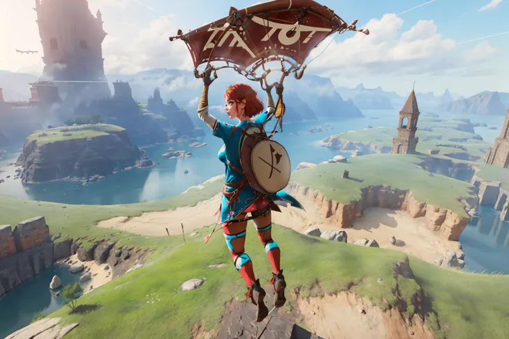 Highly detailed, High Quality, Masterpiece, beautiful, Paragliding, <lora:Paragliding:0.8>, 1girl, solo, arms up, flying, in the air, holding, holding with both hands, backview, wide shot, full body, Pyra \(xenoblade\), Pyra:1.2, red hair, red eyes, short hair, <lora:Char_Xenoblade_PyraMythraPneuma:0.5>, (detailed face and eyes:1.3)