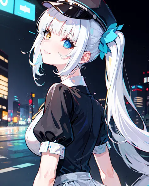 virtual youtuber, kagura mea, 1girl, solo, extremely detailed and beautiful face, extremely detailed and beautiful eyes
(heterochromia:1.2), twintails, peaked cap, puffy short sleeves, white gloves, white pantyhose, maid, black dress, lace-up boots,
outdoors, city, street, rain, cyberpunk city, street, night, night sky, evening, shop, cyberpunk, road sign, traffic light, skyscraper, neon lights,
standing, from behind, looking at viewer, shaft head tilt, smile,upper body, face focus ,portrait <lora:shaftHeadTilt45Pose_fromBehindFromSide:1>