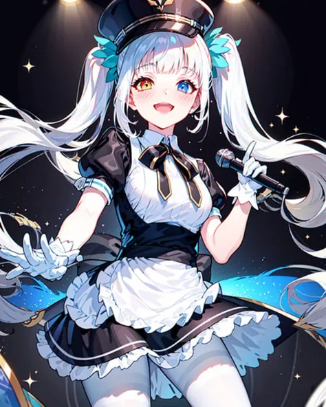 virtual youtuber, kagura mea, 1girl, solo, heterochromia,
(heterochromia:1.2), twintails, peaked cap, puffy short sleeves, white gloves, (white pantyhose), black dress, waist apron, lace-up boots,
concert, vocal concert, stage, blue stage lights, sparkle, sparkling lights, crowd_waving_glow_Sticks_background, sparkle background,
blush, half-closed eyes, Performing live, singing, smile, waving, reaching towards viewer, (holding microphone), dynamic pose,