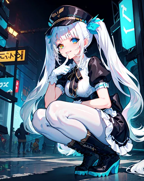 (masterpiece, best quality), ultra detailed, 8k unity wallpapers, CG, illustration, colorful, cinematic shadow, extremely detailed and beautiful background, wide-angle lens,extremely detailed and beautiful face, extremely detailed and beautiful eyes,
outdoors, city, street, rain, cyberpunk city, street, night, night sky, evening, shop, cyberpunk, road sign, traffic light, skyscraper, neon lights,
(imid shot:0.95), (full body:0.8), Dynamic angle, wide angle, upperbody
virtual youtuber, kagura mea, multicolored eyes, heterochromia, twintails, very long hair, bangs, white hair, blue ribbon, hat, black headwear, peaked cap, puffy short sleeves, black dress, maid, white gloves, white pantyhose, lace-up boots,
half-closed eyes, akanbe, squatting, finger to mouth,upper teeth,light smile,