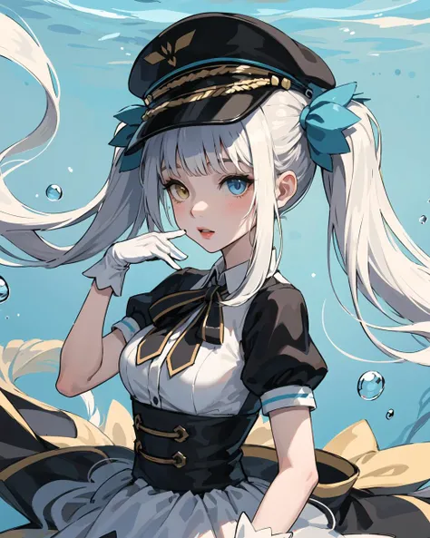 virtual youtuber, kagura mea, 1girl, solo, (heterochromia, blue and yellow eyes:1.1), twintails, peaked cap, puffy short sleeves, white gloves, dynamic angle, underwater background, hand on headwear,
