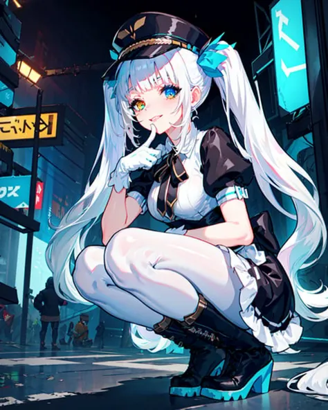 (masterpiece, best quality), ultra detailed, 8k unity wallpapers, CG, illustration, colorful, cinematic shadow, extremely detailed and beautiful background, wide-angle lens,extremely detailed and beautiful face, extremely detailed and beautiful eyes,

outdoors, city, street, rain, cyberpunk city, street, night, night sky, evening, shop, cyberpunk, road sign, traffic light, skyscraper, neon lights,
(imid shot:0.95), (full body:0.8), Dynamic angle, wide angle, upperbody
virtual youtuber, kagura mea, multicolored eyes, heterochromia, twintails, very long hair, bangs, white hair, blue ribbon, hat, black headwear, peaked cap, puffy short sleeves, black dress, maid, white gloves, white pantyhose, lace-up boots,

half-closed eyes, akanbe, squatting, finger to mouth,upper teeth,light smile,