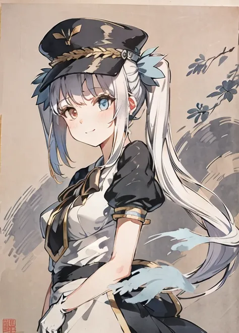 shukezouma,<lora:KaguraMeaLora_kagurameaV10:1>,heterochromia,(bluerighteyesandGoldenlefteyes:1.5), (no hat:1.5) (heterochromia:1.2),negative space ,portrait of a woman standing ,(white hair),(solo),willow branches, (masterpiece, best quality:1.2), traditional chinese ink painting, <lora:Moxin_Shukezouma11:0.7>, modelshoot style, peaceful, (smile), looking at viewer, wearing long hanfu, hanfu, song, willow tree in background, <lora:Moxin_10:0.2>