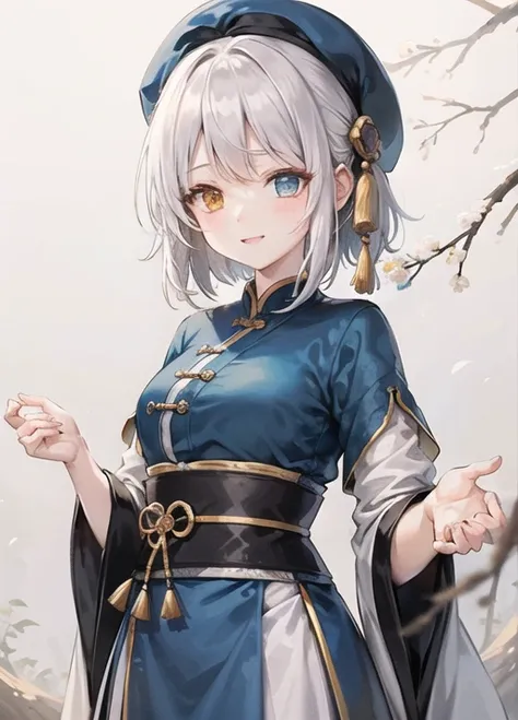 shukezouma,(kagura mea:1.1),blue_and_yellow_eyes, (heterochromia:1.3),(no hat:1.5) ,negative space ,portrait of a woman standing ,(white hair),(solo),willow branches, (masterpiece, best quality:1.2), traditional chinese ink painting, modelshoot style, peaceful, (smile), looking at viewer, wearing long hanfu, hanfu, song, willow tree in background, <lora:Moxin_10:0.2>
