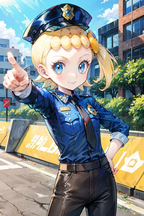 masterpiece,best quality,1girl,bonnie \(pokemon\),chibi,bonnie_pokemon,blonde hair,short hair,hair ornament,side ponytail,blue eyes,eyelashes,(police,police uniform,police hat,necktie,police badge,pants),smile,pointing at viewer,looking at viewer,one hand on hip,street,outdoors,<lora:Concept-control tool-add_detail-CyberAIchemist:0.8>,<lora:Bonnie_Pokemon:0.7>,