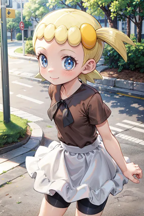 masterpiece,best quality,1girl,bonnie \(pokemon\),bonnie_pokemon,blonde hair,short hair,hair ornament,side ponytail,blue eyes,eyelashes,brown shirt,short sleeves,skirt,white skirt,bike shorts,light smile,looking at viewer,street,outdoors,<lora:Concept-control tool-add_detail-CyberAIchemist:0.8>,<lora:Bonnie_Pokemon:0.7>,