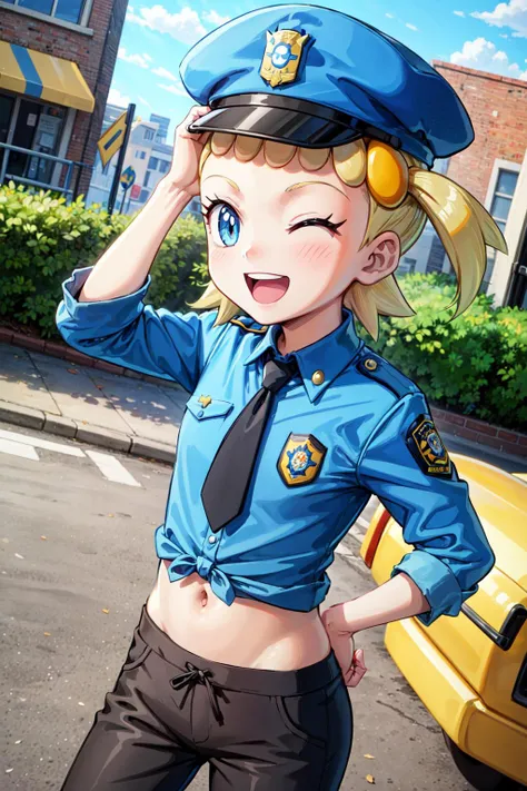 masterpiece,best quality,1girl,bonnie \(pokemon\),chibi,bonnie_pokemon,blonde hair,short hair,hair ornament,side ponytail,blue eyes,eyelashes,(police,police uniform,police hat,necktie,police badge,pants),grin,pointing at viewer,looking at viewer,one hand on hip,street,outdoors,<lora:Concept-control tool-add_detail-CyberAIchemist:0.8>,<lora:Bonnie_Pokemon:0.7>,