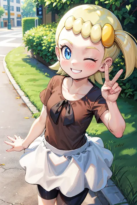 masterpiece,best quality,1girl,bonnie \(pokemon\),chibi,bonnie_pokemon,blonde hair,short hair,hair ornament,side ponytail,blue eyes,eyelashes,brown shirt,short sleeves,skirt,white skirt,bike shorts,light smile,one eye closed,peace sign,v,looking at viewer,street,outdoors,<lora:Concept-control tool-add_detail-CyberAIchemist:0.8>,<lora:Bonnie_Pokemon:0.7>,