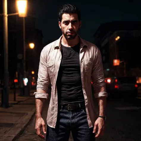 Abstract style a latin man stands on a street corner,open shirt,night,<lora:HairyAlpha:1>,<lora:more_details:0.8>,hyper realistic,masterpiece,soft lighting,highest detail, . Non-representational, colors and shapes, expression of feelings, imaginative, highly detailed