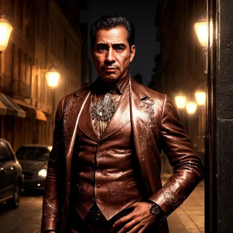 Steampunk style a latin man stands on a street corner,open shirt,night,<lora:HairyAlpha:1>,<lora:more_details:0.8>,hyper realistic,masterpiece,soft lighting,highest detail, . Antique, mechanical, brass and copper tones, gears, intricate, detailed