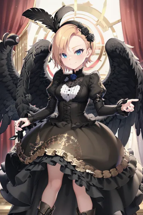 absurdres, high detail, uhd, hekk, limbo,
standing, evil smile,
eriza, short hair, magicamaiden, black feathers, head feather, black hairband, hair flower, black rose, brown dress, puffy sleeves, long Sleeves, long skirt, layered skirt, brown skirt, black skirt, frills, black footwear, high heel boots
<lora:MGCM-eriza-t1:0.7>