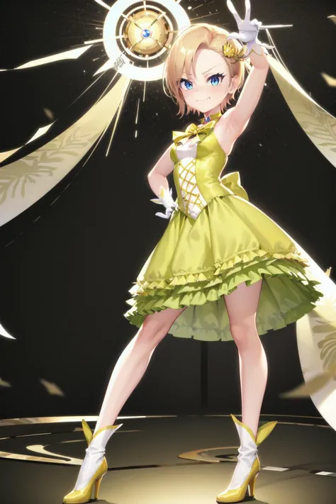 absurdres, high detail, uhd, hell, limbo,
standing, smug face,
eriza, short hair, magica2019, wing hair ornament, choker, yellow dress, yellow bowtie, white gloves, plated skirt, frills, high heel boots
<lora:MGCM-eriza-t1:0.7>
