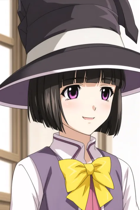 Yukari, 1girl, solo, smile, short_hair, bangs, black_hair, hat, bow, purple_eyes, blunt_bangs, bowtie, witch_hat, bob_cut, portrait, yellow_bow