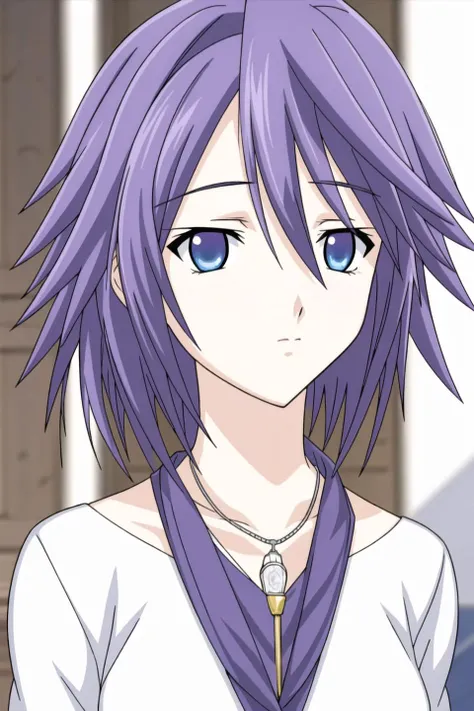 Mizore, 1girl, solo, short_hair, blue_eyes, jewelry, purple_hair, food, necklace