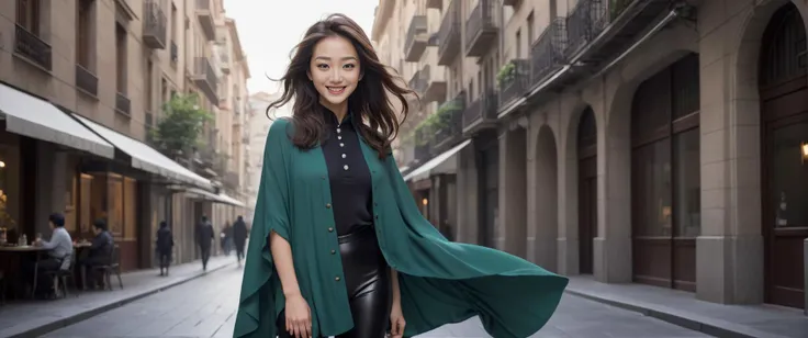 a young stunning adult women of Asian Japanese , with (slim) stature has a hourglass figure and has Elegant and Sleek hips , dark green eyes , Sweet Grin and Captivating Grin , , wearing Ballet Flats, leggins, Button-Up Shirt, Poncho,
(Zoomed in, close shot, focus on upper body:1.3) , ((looking to viewer)), intricate face, perfect face, perfecteyes eyes, perfect eyes, perfect hands, perfect feets, perfect teeth, <lora:add-detail-xl:0.75> ,
in the streets of a a warm big modern town in the style of Santiago Calatrava , between we are outside of a townhall which is built and decorated in the style of Diller Scofidio + Renfro and we are outside of a messhall which is built and decorated in the style of Zaha Hadid
anime, cartoon, godrays Chromatic Aberration , ,