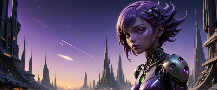 Sculpted figure and has Graceful and Pronounced hips , amber eyes an android with a humanoid skin of (unnatural skin color:1.5) , ( purple colored skin:1.5), with (tatoo of black colored accents emphasising the body:1.3), glowing intricate cyborg eyes, sneakers with a futuristic sci-fi bodysuit with accents emphasising the female body and ellbow-long gloves,
(Zoomed in), ((close shot, focus on face profile:1.3)) , ((looking to viewer)), bach arch pose, intricate face, perfect face, perfecteyes eyes, perfect eyes, perfect hands, perfect feets, perfect teeth, <lora:add-detail-xl:0.5> ,
within a a futuristic town in the style of a mix between a mix of dystopian and retrofuturism with hard contours detail in the style of John Berkey and a mix of post-apocalybtic and surreal futurism with intricate detail in the style of Jim Burns between we are indside of a spaceship which is built and decorated in the mixed style of hard lighting Depth of Field Blur and sharp focus and Gaussian Blur , , surreal futurism with detailed detail in the style of Vincent Di Fate and soft lighting volumetrics dtx and vibrant colors and ((light bokeh)) , , post-apocalybtic with detailed detail in the style of Jim Burns and cg render , cinematic lighting ((light bokeh)) and Swirl Bokeh and Chromatic Aberration and Radial Blur , , smooth Edward Gorey and we are indside of a market which is built and decorated in the mixed style of a mix of space age and utopian with detailed detail in the style of Vincent Di Fate and cinematic lighting vibrant colors , , post-apocalybtic with detailed detail in the style of Ron Miller and matte painting , soft lighting and global illumination Motion Blur , , detailed Arthur Rackham
anime, octane render, Mamoru Hosoda , godrays and sunbeam Bokeh Panorama and Depth of Field Blur and vibrant colors , ,