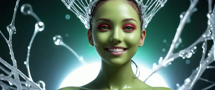 Shapely figure and has (smaller breasts:0.8) breasts of Curvaceous shape, , Seductive and Feminine hips , Toned and Sculpted butt , purple eyes an android with a humanoid skin of (unnatural skin color:1.5) , ( green colored skin:1.5), with (skin connections of glowing red colored accents emphasising the body:1.3), iridescent intricate cyborg eyes, overknee heels with Garter Stockings and (low-waist cut:1.3) yoga pants showing cameltoe and open Button-Up Shirt, Endearing Grin and Endearing Grin and Delightful Smile ,
an abstract depiction of bird surrounded by ice as a fluid fractal image , (Zoomed in, close shot, focus on face profile:1.3) , ((looking to camera)), intricate face, perfect face, perfecteyes eyes, perfect eyes, perfect hands, perfect feets, perfect teeth, <lora:add-detail-xl:1.5> ,
((photo raw)),