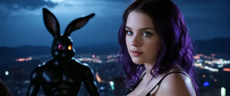 thin stature has a hourglass figure and has (busty:2) breasts of Youthful shape, , Full and Seductive hips , Sensuous butt , Heterochromia with Heterochromia with black eyes and blue eyes eyes and purple eyes eyes a furry with with bunny ears and tails, (( animal amber eyes , )) , Delightful Smile and Cute Smile ,
on a hill looking down to a a neon lit and clean city in the style of a mix between a mix of cyberpunk and futuristic with hard borders detail in the style of Michael Whelan and a mix of space age and space age with detailed detail in the style of H.R. Giger , (Zoomed in), ((close shot, focus on hips, torso, face:1.3)), ((from side, facing away, look back over shoulder to viewer:1.3)), intricate face, perfect face, perfecteyes eyes, perfect eyes, perfect hands, perfect feets, perfect teeth,
((photo raw)), global illumination Gaussian Blur and Tilt-Shift Blur , ,