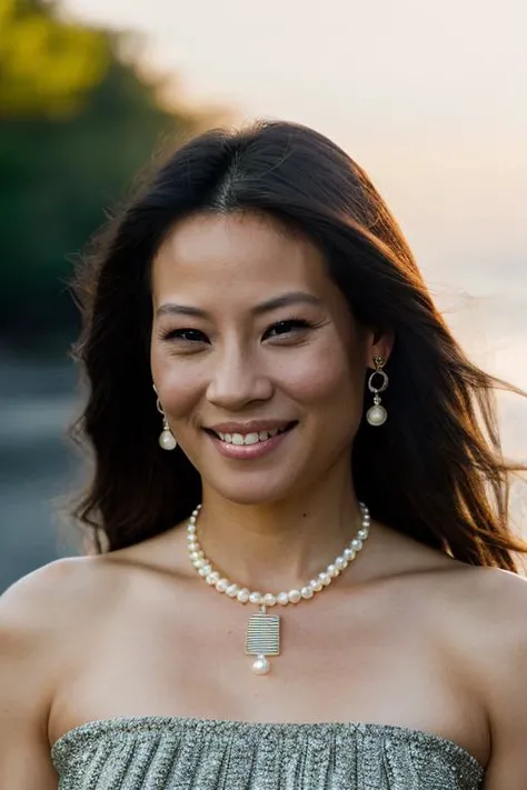 Realistic photo of a beautiful lucyl1u woman, 1girl, solo, long hair, looking at viewer, smile, black hair, jewelry, upper body, earrings, teeth, necklace, mole, grin, black eyes, lips, realistic, pearl necklace, soft lighting, professional Photography, Photorealistic, detailed, RAW, analog, sharp focus, 8k, HD, DSLR, high quality, Fujifilm XT3, film grain, award winning, masterpiece<lora:lucyl1u:1.0>