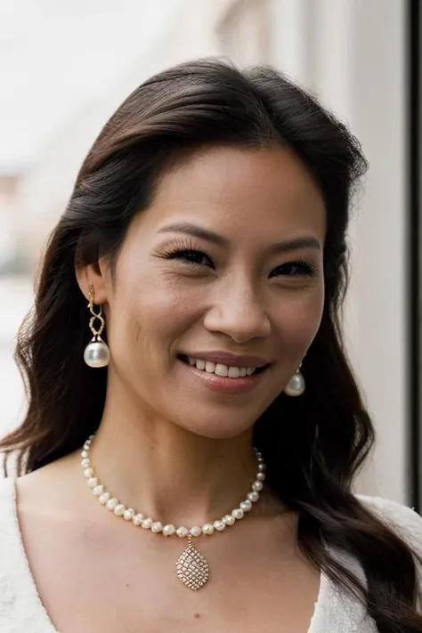 Realistic photo of a beautiful lucyl1u woman, 1girl, solo, long hair, looking at viewer, smile, black hair, jewelry, upper body, earrings, teeth, necklace, mole, grin, black eyes, lips, realistic, pearl necklace, soft lighting, professional Photography, Photorealistic, detailed, RAW, analog, sharp focus, 8k, HD, DSLR, high quality, Fujifilm XT3, film grain, award winning, masterpiece<lora:lucyl1u:1.0>