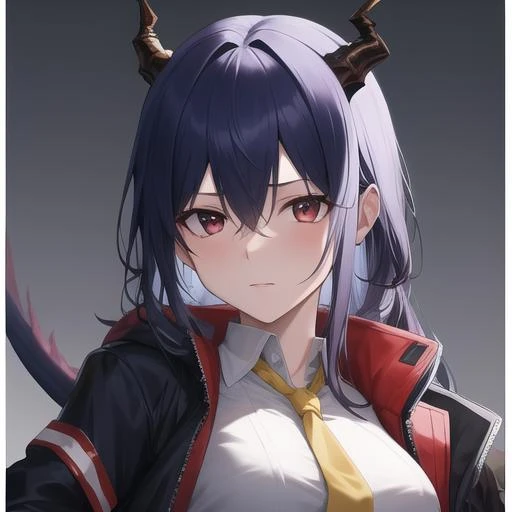 (masterpiece, best quality:1.2),absurdres,highres,1girl,solo,upper body,(portrait:1.2),dragon_horns,blue_hair,long_hair,red_eyes,bangs,hair_between_eyes,dragon_tail,medium_breasts,black_jacket,open_jacket,white_shirt,black_shorts,fingerless_gloves,yellow_necktie,black_gloves,looking_at_viewer,navel,dragon_girl,<lora:Chen(ark)>,
