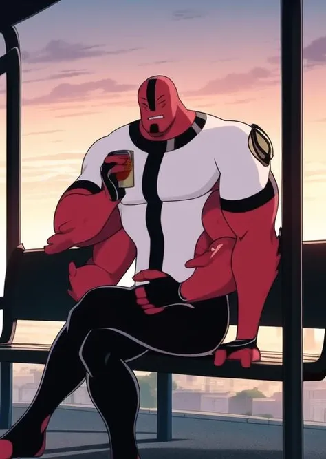 <lora:fourarms-08:1> fourarms, sitting on bench, drinking tea, outdoors, full body, sunset, bus stop, park bench, masterpiece, best quality
