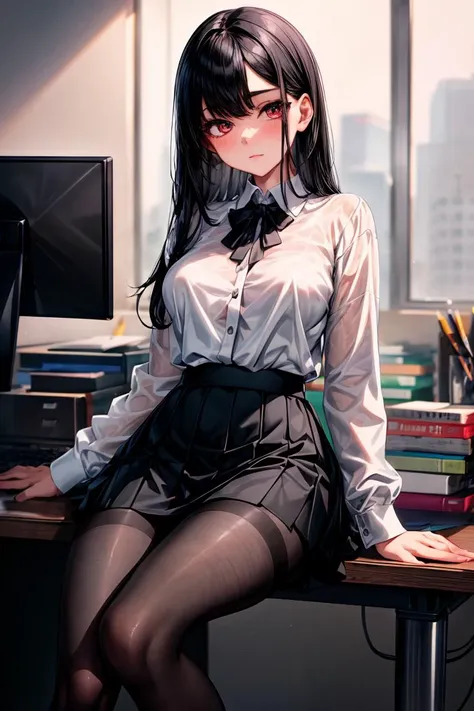 (masterpiece, best quality), a young black haired girl office secretary dressed in a transparent white blouse and black office skirt and black pantyhose ,sitting in an office chair, holding pencil, (detailed skin:1.3),(detailed eyes), (sharp focus), <lora:add_detail:1>