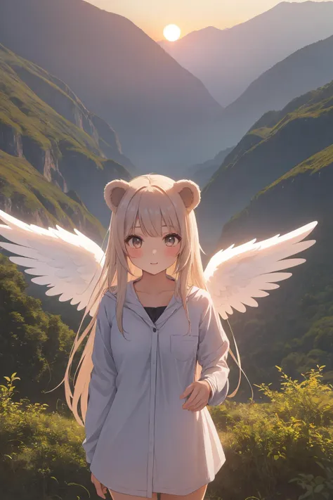 1girl, cute girl with bear ears and angel wings,
beautiful and epic scenery of sunset in mountains, asian nature, rainforest, front view, cowboy shot