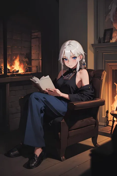 (masterpiece, best quality), female elderly, supple, inuit, blue eyes,     angular cheeks,   graceful posture,  teeth, platinum blonde dreadlocks hair, curiosity wearing gaucho pants, backless top, loafers, , over-the-shoulder look, looking over one shoulder with a sultry gaze, exuding  allure and mystery, firelight, the flickering glow of a fireplace, bringing intimacy and warmth to the setting, a lively bookstore, with cozy reading nooks and book lovers browsing the shelves